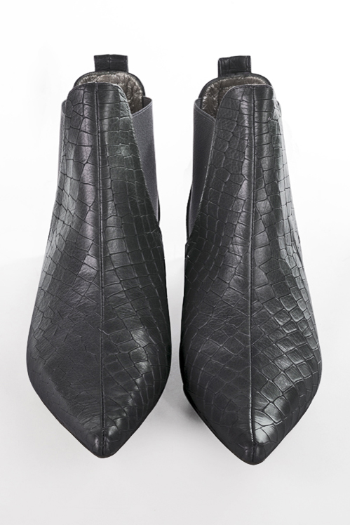 Dark grey women's ankle boots with buckles. Pointed toe. Low flare heels. Top view - Florence KOOIJMAN